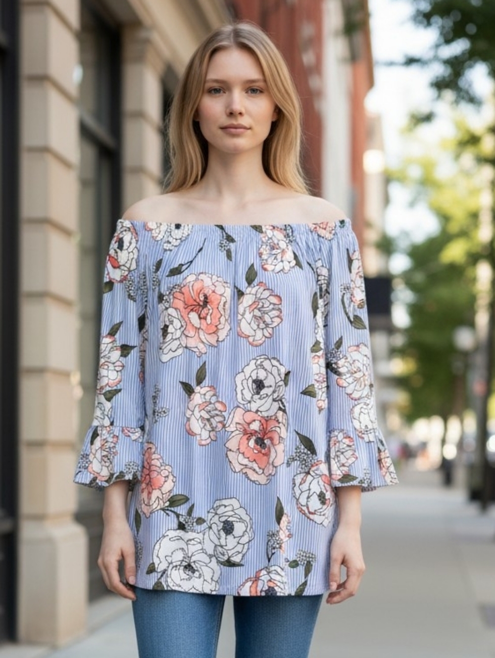 Kristin Nicole Sz XL Soft Floral Top Blue Scoop Neck Bell Sleeve BOHO Blouse